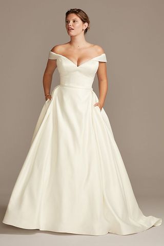 David's Bridal Collection + Off Shoulder Satin Gown Wedding Dress