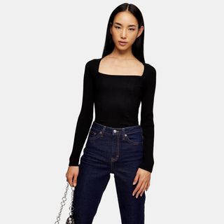 Topshop + Black Square Neck Knitted Top