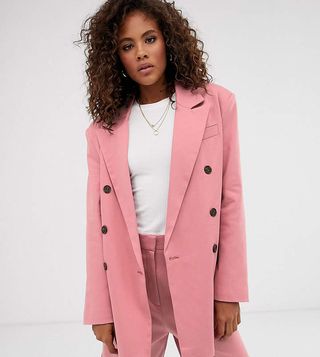 Asos + Tall Oversized Double Breasted Dad Suit Blazer-Pink