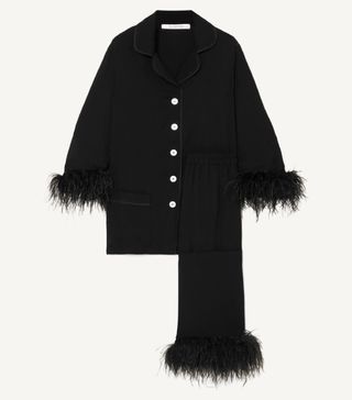 Sleeper + Black Tie Feather-Trimmed Crepe de Chine Pajama Set