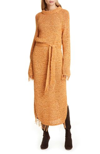 Nanushka + Kaiza Belted Long Sleeve Fringe Sweater Dress