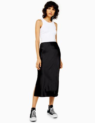 Topshop + Black Satin Split Bias Midi Skirt