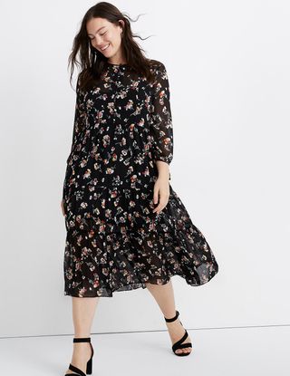 Madewell + Sheer Button-Front Tier Midi Dress in Carnation Toss