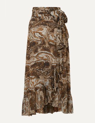 Ganni + Ruffled Printed Stretch-Mesh Wrap Skirt