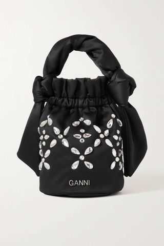Ganni + Occasion Ruched Crystal-Embellished Satin Tote