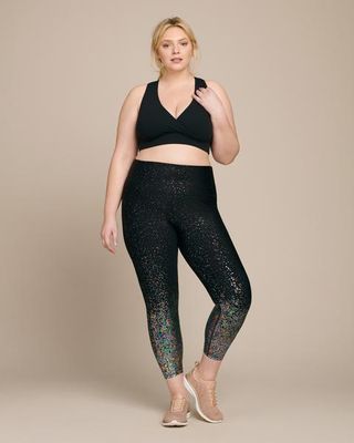 Beyond Yoga + Black Iridescent Speckle Alloy Ombre High Waisted Midi Leggings