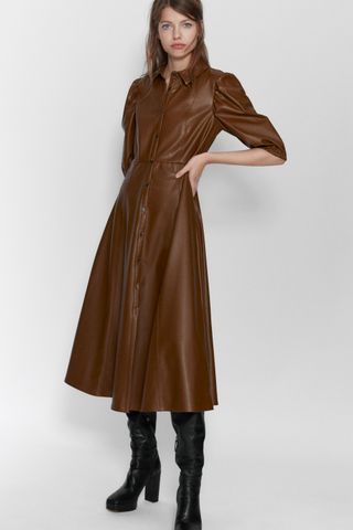 Zara + Faux Leather Shirt Dress
