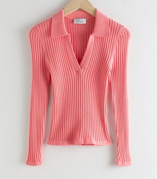 & Other Stories + Ribbed V-Neck Polo Knit Top