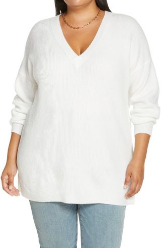 Halogen + Ribbed V-Neck Tunic Sweater