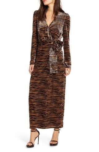Wayf + Arlene Tiger Print Long Sleeve Wrap Velvet Maxi Dress