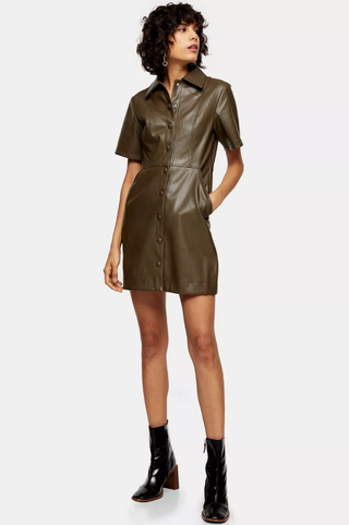 Topshop + Khaki Faux Leather PU Shirt Dress