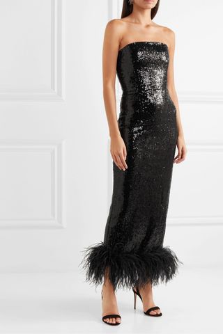 16Arlington + Strapless Feather-Trimmed Sequined Tulle Midi Dress