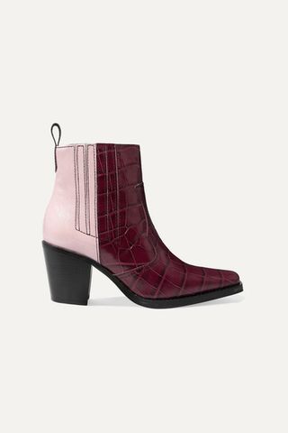 Ganni + Callie Paneled Croc-Effect and Patent-Leather Ankle Boots