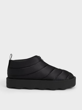 Charles & Keith + Black Puffy Nylon Panelled Zip-Up Sneakers