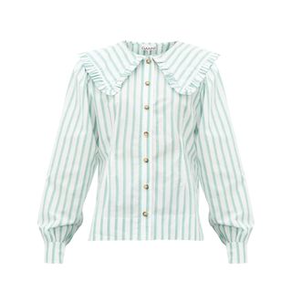 Ganni + Ruffled-Collar StripedCotton-Poplin Shirt