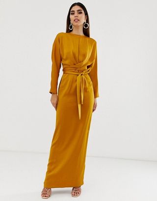 ASOS + Maxi Dress With Batwing Sleeve and Wrap Waist in Satin