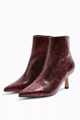 Topshop + Maci Burgundy Snake Pointed Boots