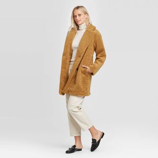 Who What Wear + Double Breasted Faux Fur Coat