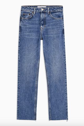 Topshop + Mid Blue Ripped Hem Straight Jeans