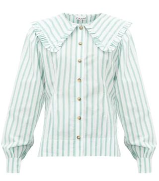 Ganni + Ruffled Collar Striped Cotton-Poplin Shirt