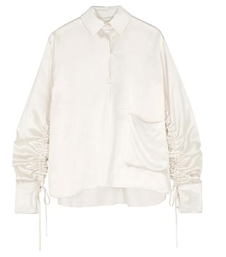Mark Kenly Domino Tan + Bine Ivory Ruched Satin Blouse
