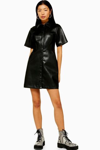 Topshop + Black Faux Leather PU Shirt Dress