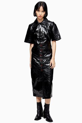 Topshp + Black Vinyl Leather Midi Shirt Dress