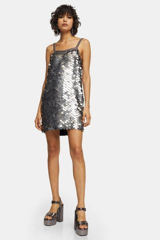 Topshop + Idol Silver Embellished Sequin Disc Slip Dress
