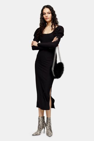 Topshop + Black Ribbed Puff Sleeve Bodycon Dress