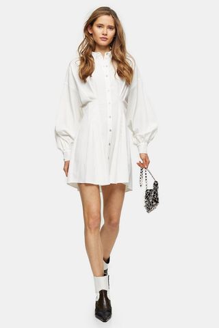 Topshop + White Textured Mini Shirt Dress