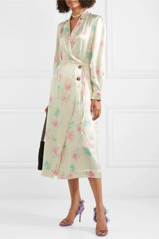 Ganni + Floral-Print Satin Wrap Dress