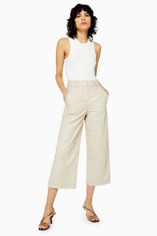 Topshop + Cream Real Leather Wide Leg Pants