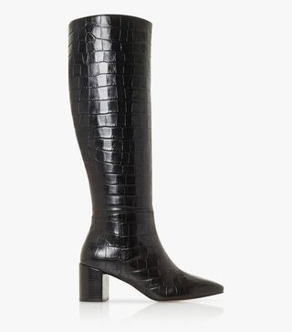 Dune + Saffia Leather Croc Print Knee High Boots