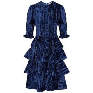 Batsheva + Navy Ruffle-Trimmed Velvet Dress