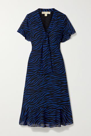 Michael by Michael Kors + Pussy-Bow Ruffled Zebra-Print Georgette Midi Dress