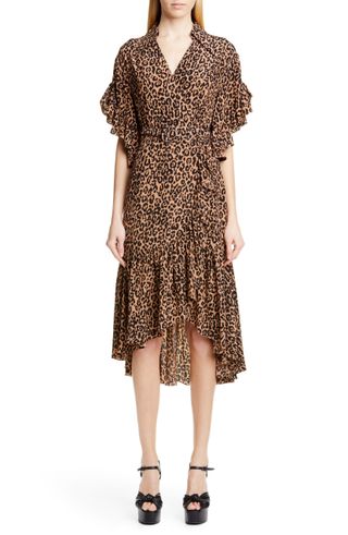 Michael Kors Collection + Belted Animal Print Silk Crepe Wrap Dress