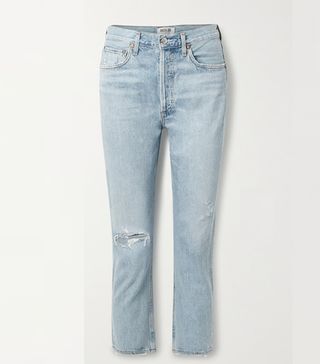 AGolde + Riley Cropped Distressed High-Rise Straight-Leg Jeans