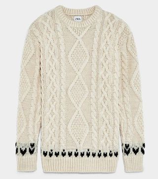 Zara + Textured Cable-Knit Sweater With Contrast Detail