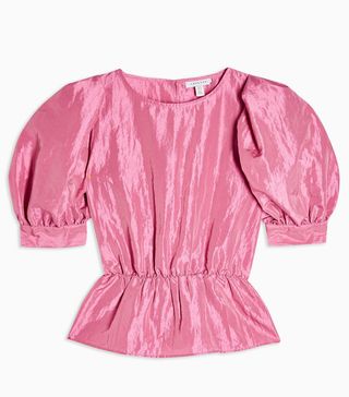 Topshop + Pink Short Sleeve Puff Taffeta Blouse