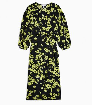 Topshop + Green Daisy Print Drama Sleeve Wrap Dress