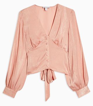 Topshop + Blush Pink Plain Satin Tie Front Blouse