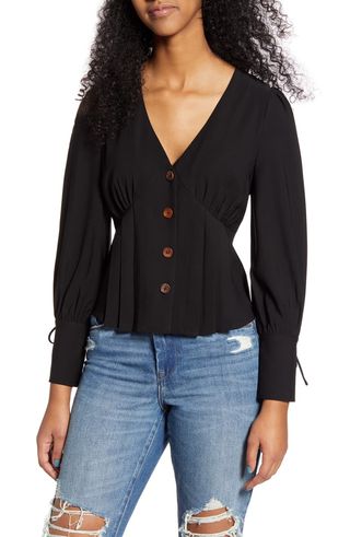 Moon River + Tie Cuff Button Front Blouse