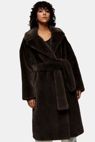 Topshop + Charcoal Gray Belted Long Faux Fur Coat