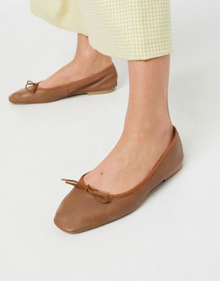 ASOS Design + Layer Leather Bow Ballet Flats in Tan