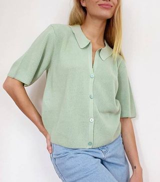 Asos Design + Collared Jumper With Button Placket Detail in Light Green
