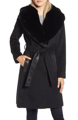 Via Spiga + Faux Leather & Wool Blend Coat with Faux Fur Collar