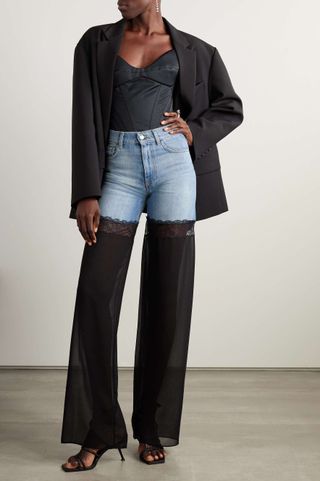 Nensi Dojaka + Lace-Trimmed Georgette-Paneled High-Rise Flared Jeans