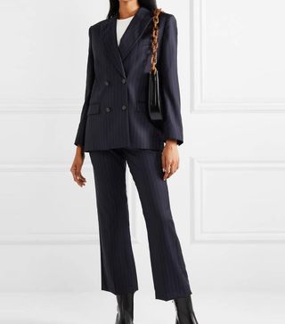 Re/Done + 70s Double-Breasted Pinstriped Wool Blazer