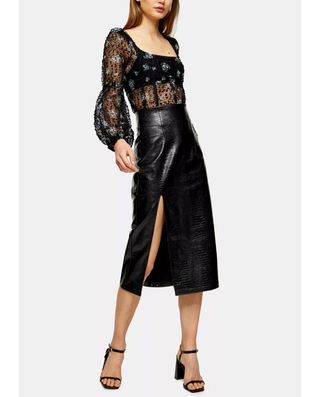 Topshop + Black Croc PU Pencil Skirt