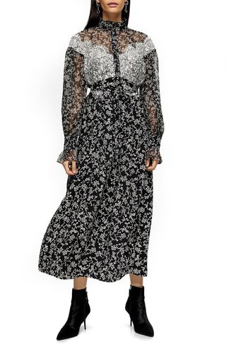 Topshop + Floral Lace Long Sleeve Shirtdress